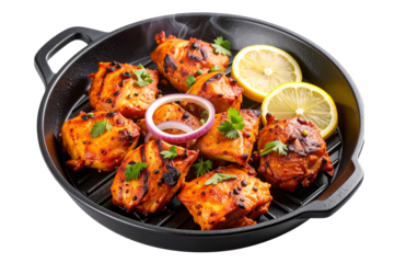 Sizzling Chicken Tikka on Iron Skillet with Smoke, Isolated on Transparent Background
