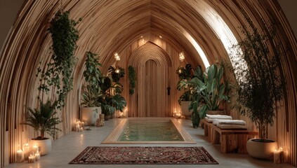 Tranquil interior spa with wooden arches and lush greenery.