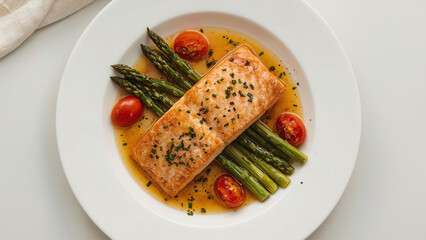Gourmet Pan-Seared Salmon with Roasted Asparagus and Cherry Tomatoes – Premium Dining Experience
