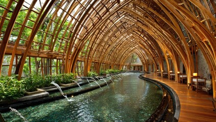 A spacious, arched bamboo structure with a water feature.