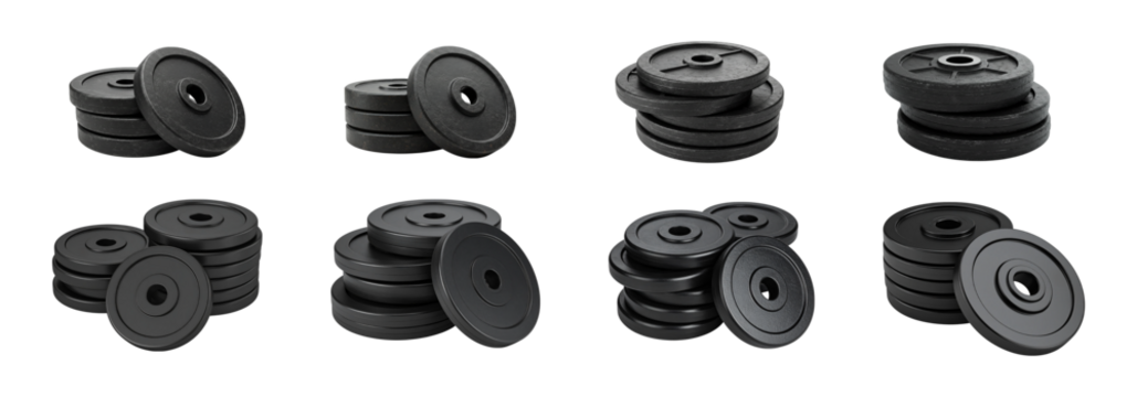 Weight plates for strength training are stacked in this fitness equipment rendering isolated on transparent background