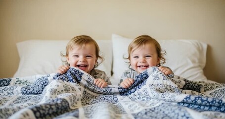 Identical Twins Joy Capture the delightful innocence of baby twins laughing under a cozy blanket, a heartwarming memory. - Powered by Adobe