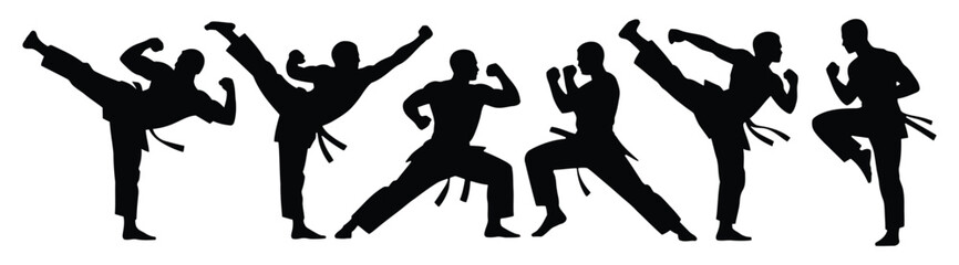 Martial arts silhouette icon set in black featuring six unique defensive and offensive action poses for sports branding and fitness design themes