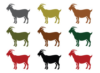 Color-tinted goat silhouette icon set featuring nine unique livestock profiles in black, gray, brown, yellow, green, and red for farm-themed designs