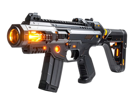 A futuristic sci-fi blaster rifle with glowing orange lights and intricate details, ideal for concepts of gaming, technology, and advanced weaponry.