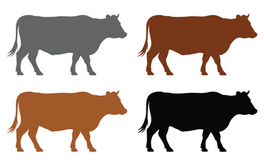Cow silhouette icon set in black, brown, gray, and orange side views for agricultural branding, livestock illustration, and dairy product themes