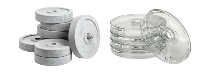 Concrete and clear plastic discs are stacked in a minimalist design concept isolated on transparent background