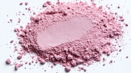 A soft pink cosmetic powder, finely crushed and smoothly piled, with small dust particles delicately spread around Isolated on a white background.