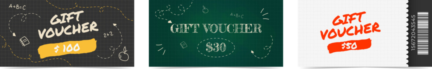 Gift vouchers set with handwritten school elements in doodle style. Black, green, white chalkboard and checkered paper on background. Vector illustration
