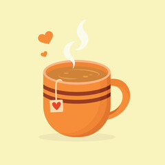 A mug of hot tea with a tea bag inside. Autumn season vector illustration.