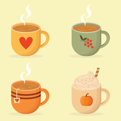 Set of autumn style tea mugs. Cup of unkind spice latte. Fall season vector illustration. 