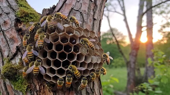 A close-up of a beehive hanging on a tree with bees, 4k HD video.