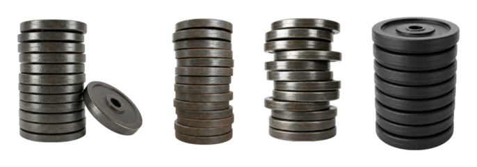 Stacked weight plates show fitness equipment for strength training and exercise routines isolated on transparent background