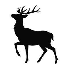Walking deer silhouette icon in black line art with raised leg and prominent antlers, ideal for nature, wildlife, and seasonal outdoor themes