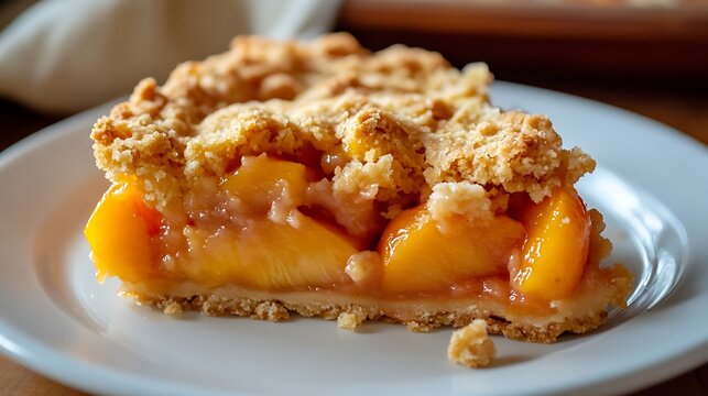 A slice of peach pie with crumb topping served on a white plate