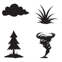 Hand drawn silhouette illustrations of cloud grass tree and tornado against white background