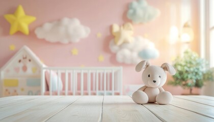 Clean Wooden Platform with Blurred Baby Room Background