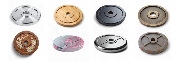 Diverse weight plates showcase fitness equipment with various materials and textures isolated on transparent background