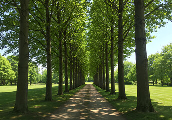 Beautiful park path lined with identical trees, casting dappled shadows under a bright blue sky.

