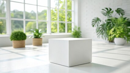 Fototapeta premium Sunny White Cube Display: Minimalist Room with Plants