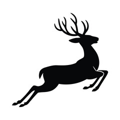 Energetic leaping deer silhouette icon in black with angular motion and curved antlers for nature conservation, wildlife, and outdoor themes