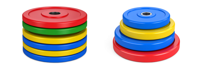 Colorful weight plates stacked in two piles, fitness equipment for strength training isolated on transparent background