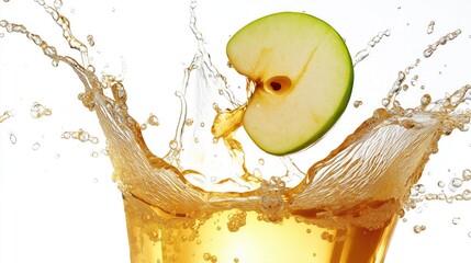 A splash of apple juice with a slice of green apple falling into the liquid, isolated against a white background. 