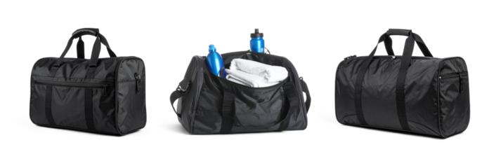 Black duffel bag set features gym gear, towels, and water bottles for fitness activities isolated on transparent background