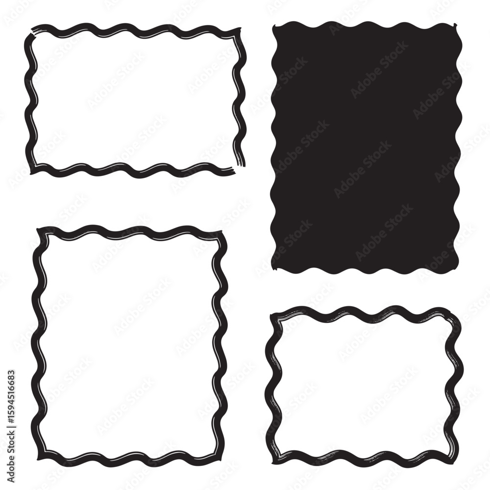 Poster set of hand drawn wavy frames and a black filled background for design elements