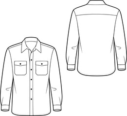 Flat vector CAD illustration of classic button-up shirt with collar, chest flap pockets, long sleeves, front and back technical drawing