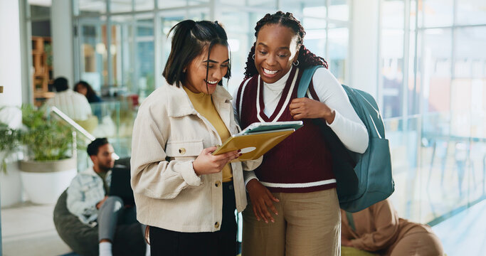 Women, friends and excited with tablet at college for test results, notification or post on web at campus. People, students and tech with app for social media, announcement and happy at university