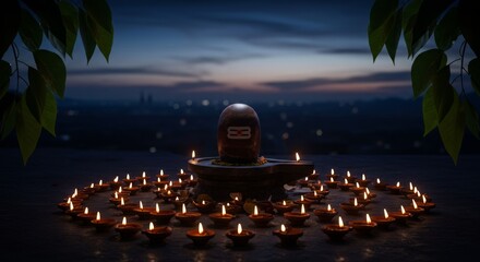 Dark indigo to silver gradient with Shiva Lingam surrounded by glowing diyas and bilva leaves during twilight