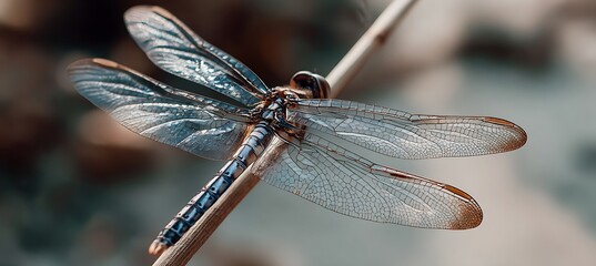 A dragonfly resting on a thin stick with clear wings 