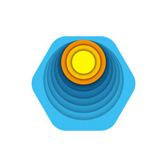 Sun and sea logo hexagon shape, abstract nature vector illustration in layered paper cut style with shadows, symbol of summer vacation, ocean travel, relaxation, leisure and tropical resort emblem.
