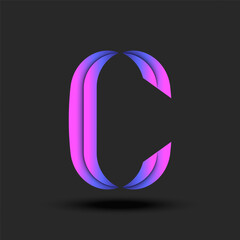 Monogram glowing letter C logo with pink-blue neon gradient in paper cut futuristic style on dark background, creative 3D alphabet symbol, typography mark vector mockup, emblem design template.