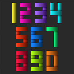 Colorful gradient 3D geometric numbers set from 0 to 9 on dark background, vibrant modern design, bold digital typography minimal style for posters, banners or education.