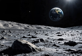 Earth seen from the moon's desolate surface.