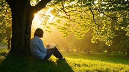 Woman reading a book under a tree in a park at sunset - Powered by Adobe