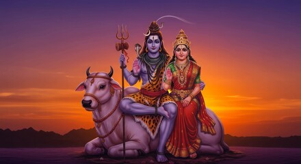 Purple to orange gradient with Lord Shiva seated with Goddess Parvati on Nandi, with sunset background
