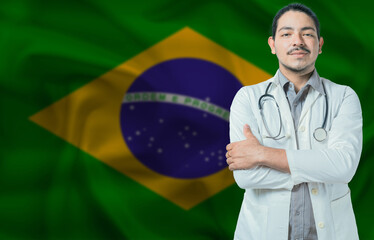 Male doctor on Brazil flag. Doctor with crossed arms on Brazil flag. Brazil Health and Care concept