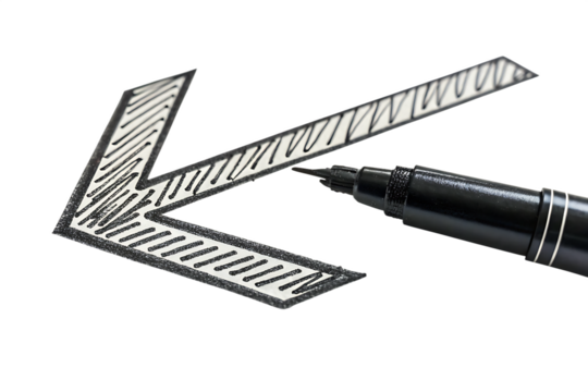 hand drawn arrow with black marker isolation on background white