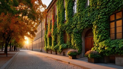 Fototapeta premium Autumn Sunlight and Shadows: A Symmetrical Yellow Scene