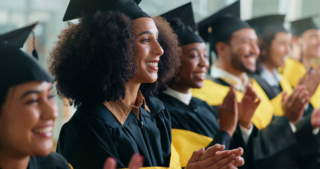 Woman, applause and graduation with celebration at university for achievement, goals and education...