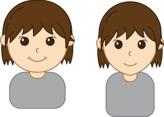 Vector illustration of two female heads with brown hair. One has a rounder, chubbier face, while the other has a slimmer, thinner face