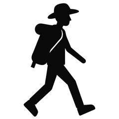 Silhouette of a hiker with a backpack walking on a path isolated on white background