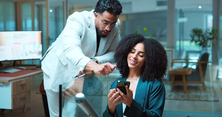 Business people, phone and team in office for planning, financial report and review budget. Talk,...