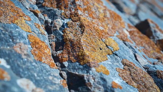 Closeup of a rough weathered rock surface with orange lichen