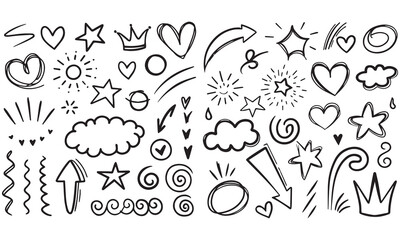 Hand Drawn Doodle Elements – Sketch Arrows, Hearts, Stars, Lightning, and Decorative Design Icons