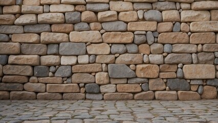 Obraz premium Image showcases a rustic, textured stone wall composed of irregularly shaped stones in varying shades of beige, gray, and light brown.