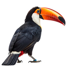 A colorful toucan with a large orange beak and black feathers. The bird stands upright, showcasing its vibrant plumage and distinctive features.